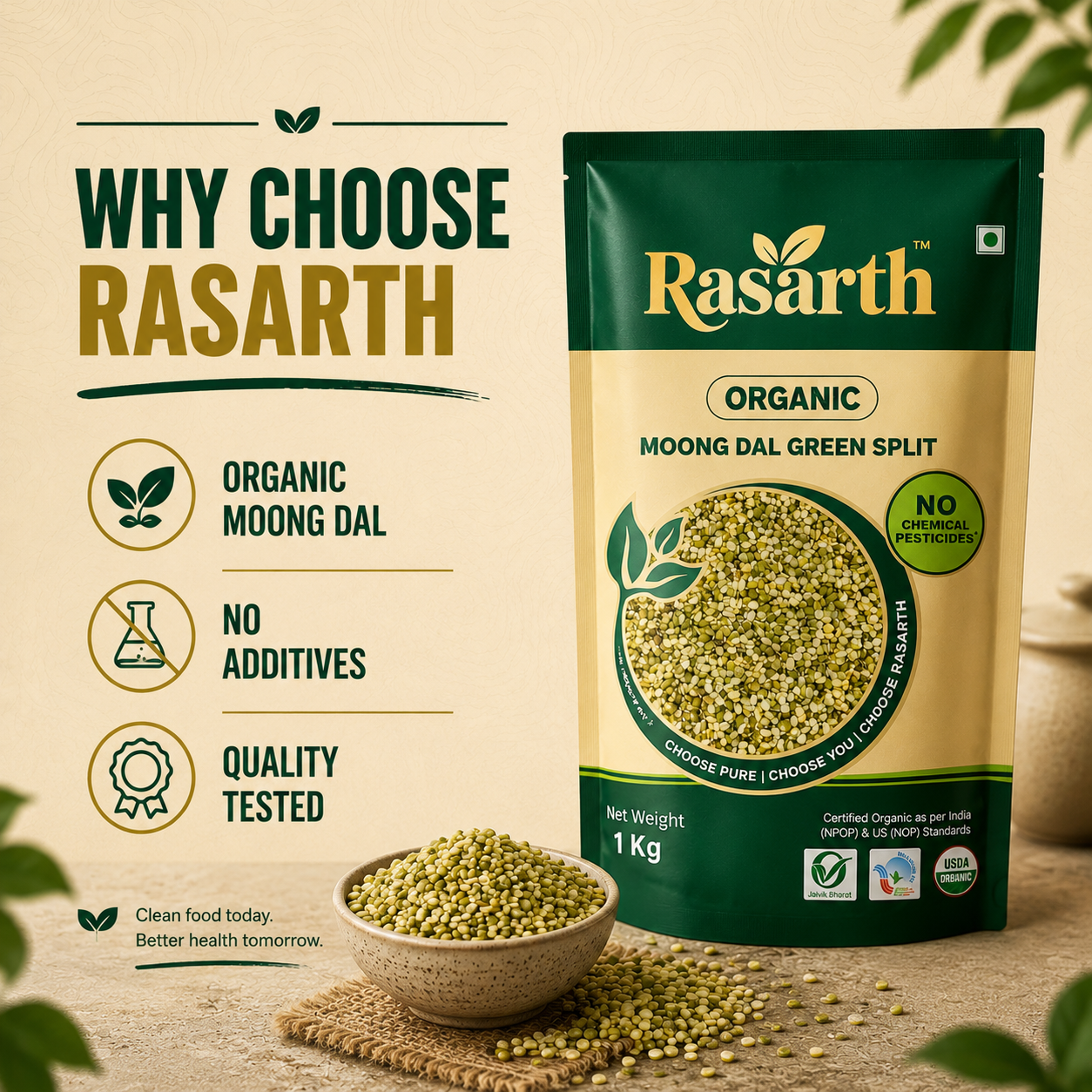 Rasarth Organic Moong Dal (Chilka) Split