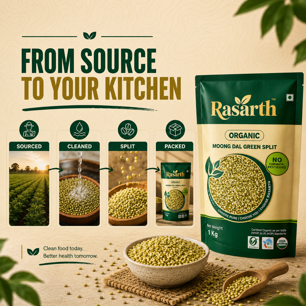 Rasarth Organic Moong Dal (Chilka) Split